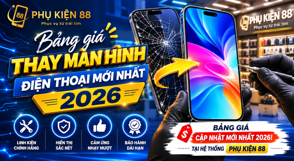 Bảng giá thay màn hình điện thoại mới nhất 2026 | Phụ Kiện 88