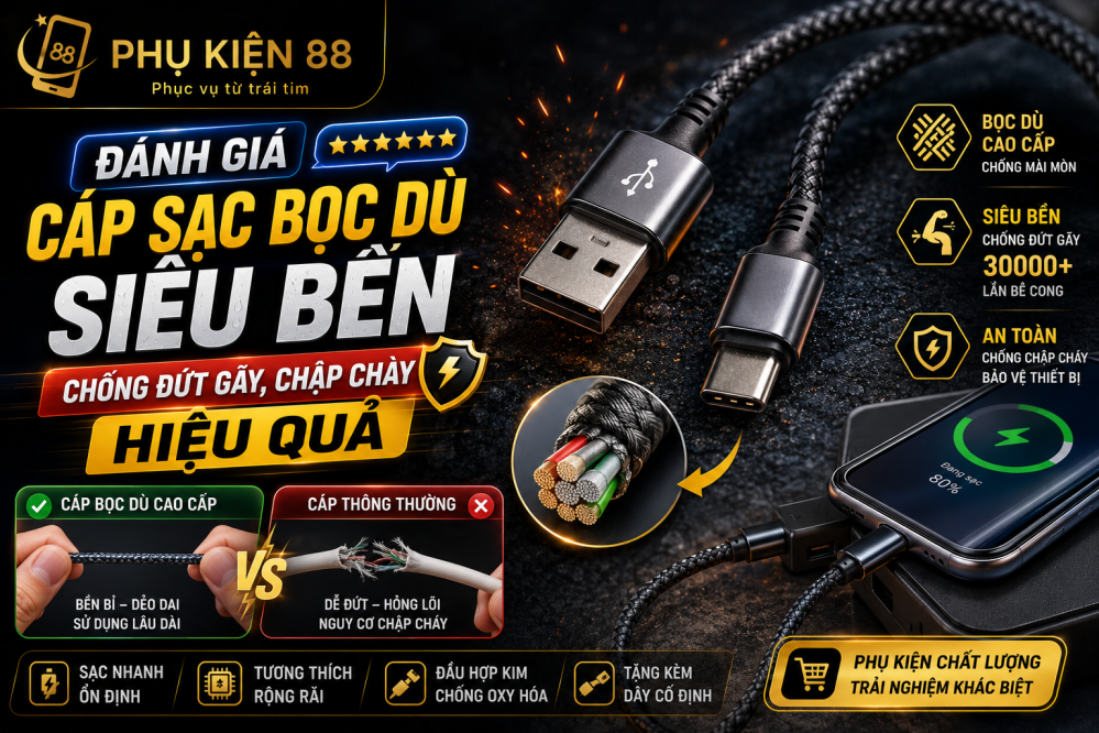 Đánh giá cáp sạc bọc dù siêu bền: Chống đứt gãy, chập cháy hiệu quả