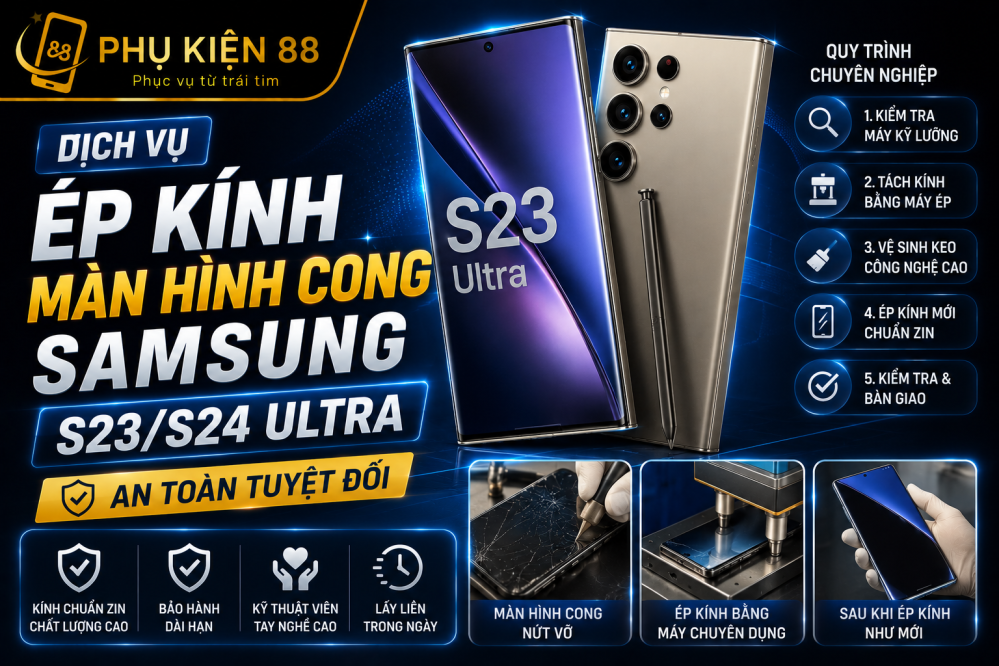 Dịch vụ ép kính màn hình cong Samsung S23/S24 Ultra an toàn