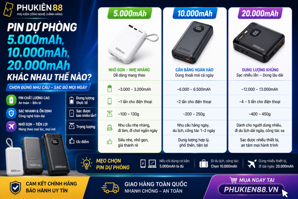 Pin Dự Phòng 5.000mAh, 10.000mAh, 20.000mAh Khác Nhau Thế Nào?