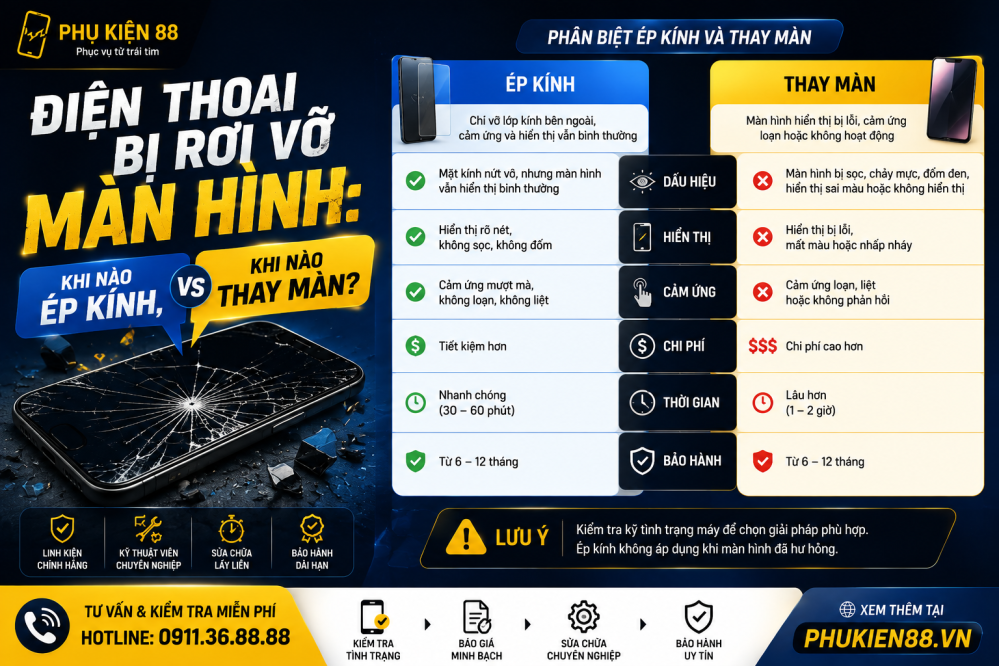 Điện Thoại Bị Rơi Vỡ Màn Hình: Khi Nào Chỉ Cần Ép Kính, Khi Nào Phải Thay Màn?