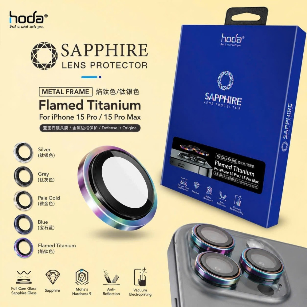 BẢO VỆ CAMERA IPHONE 15 PRO / 15 PRO MAX – HODA SAPPHIRE FLAMED TITANIUM